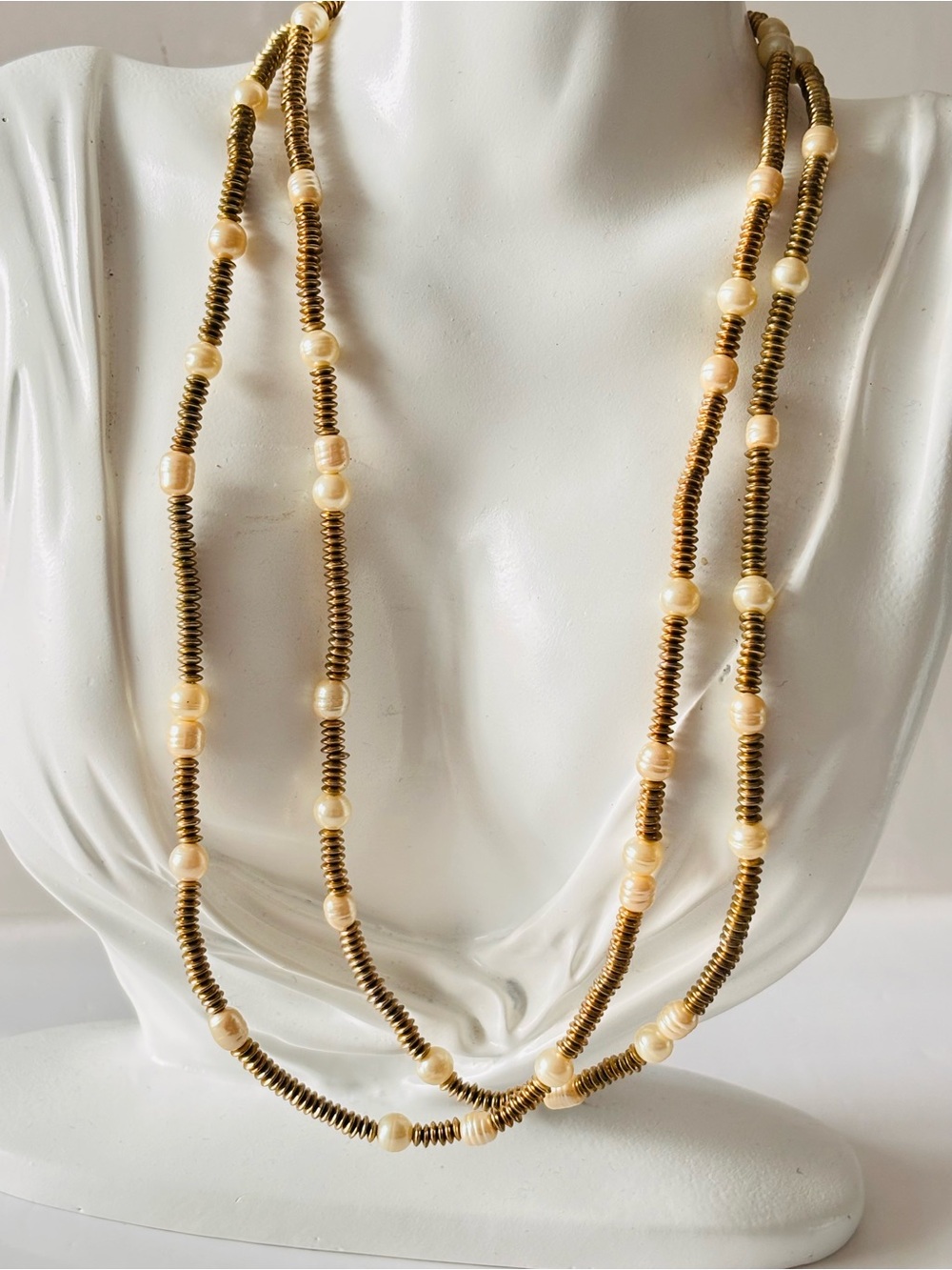 Vintage Ralph Lauren long freshwater pearls, antique brass spacer necklace